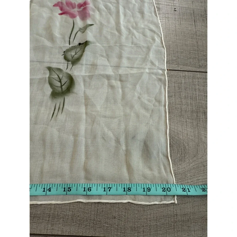 Vintage 100% Silk Scarf Hand Printed Floral Pink Rose Sheer Hand Rolled Cream